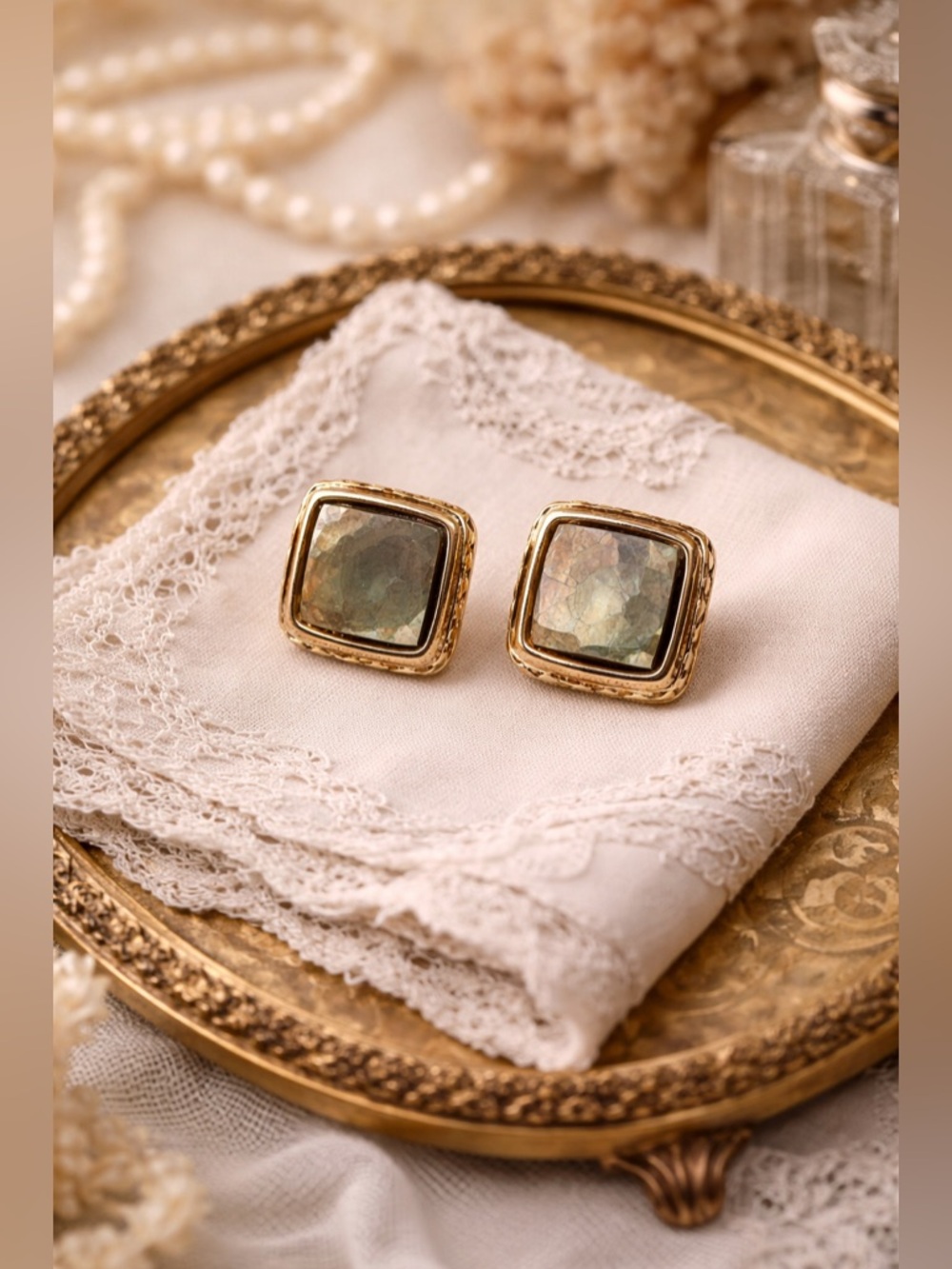 Liz Claiborne Square Iridescent Stone Stud Earrings Gold Tone Green Slate Look
